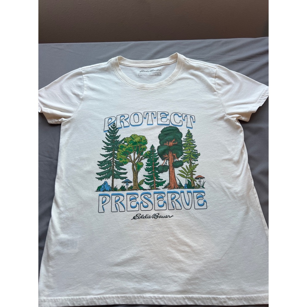 Eddie Bauer Womens Protect Preserve Forest Graphic T-Shirt Cream Small
